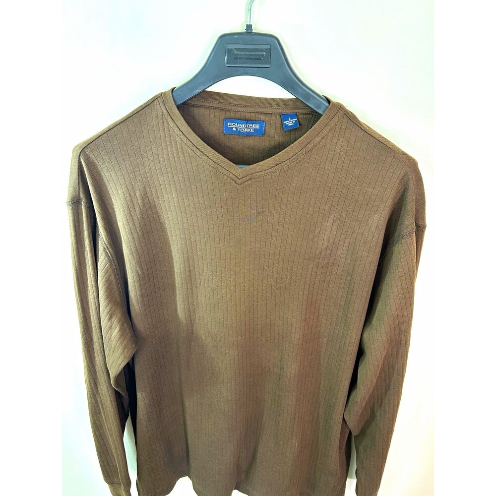Roundtree & Yorke Men's Brown Cotton Knit Solid V-Neck Pullover Sweater L